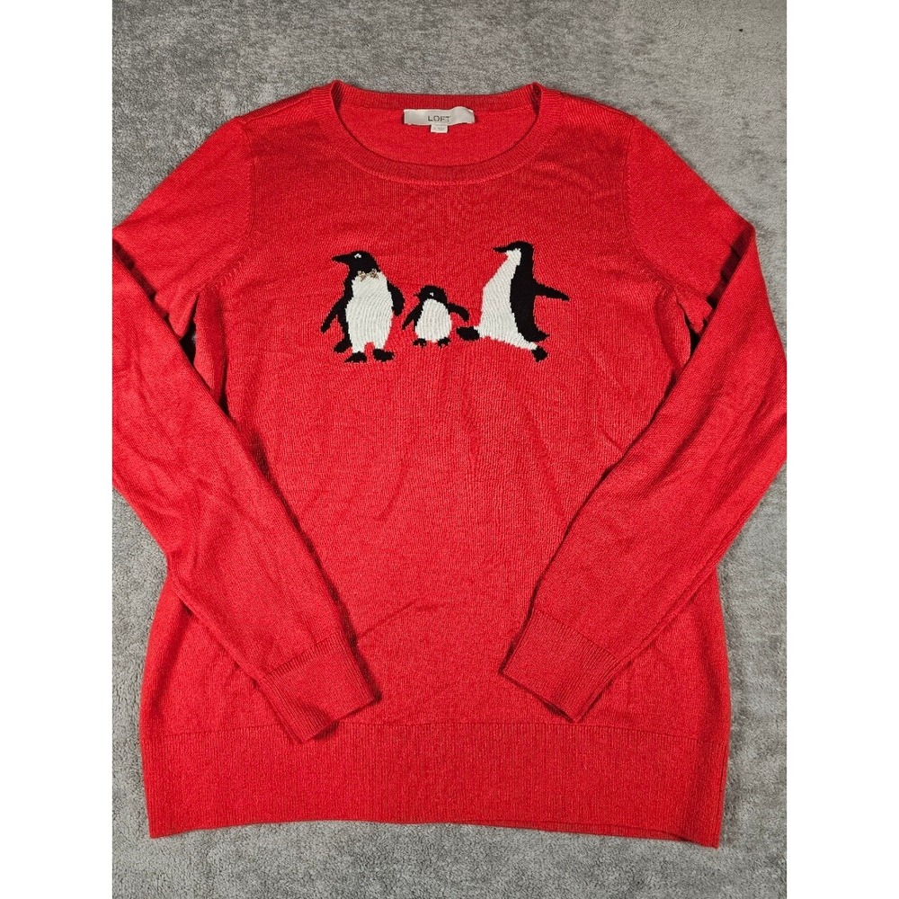 Loft Womens Red‎ Penguin Graphic Knit Crewneck Sweater Size M Holiday Festive